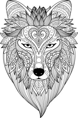 Zendoodle stilize dire kurt dövme, T-Shirt tasarım, kupa tasarım, Yetişkin kitap sayfası ve diğer tasarım öğesi boyama için