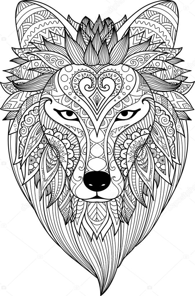 Zendoodle stylize of dire wolf for tattoo, T-Shirt design, mug design,adult coloring book page and other design element