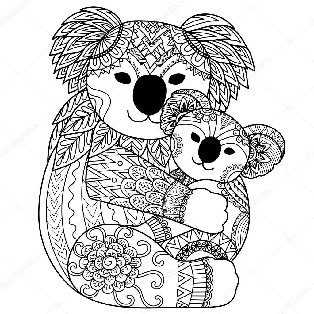 Zendoodle design of Koala mother cuddling her baby