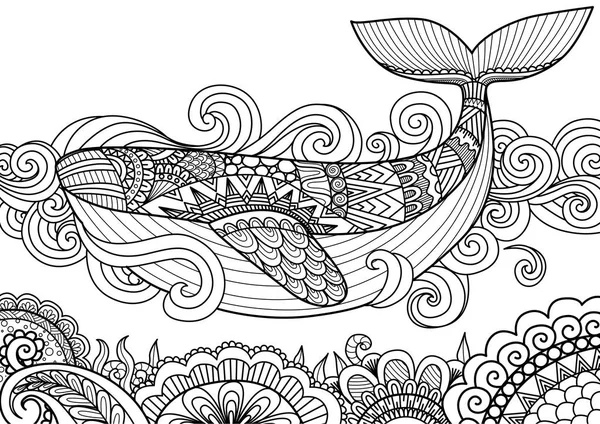 Гигантский красивый кит плавает в океане над красивыми кораллами — стоковый вектор