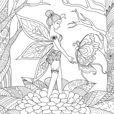Kitap sayfa boyama yetişkin için ormanda büyük güzel kelebek ile oynarken güzel peri kızı. Hisse senedi vektör