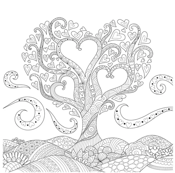 Flowers in heart shape on floral ground line art design for coloring book for adult, tattoo, T-Shirt graphic, cards and so on — стоковый вектор