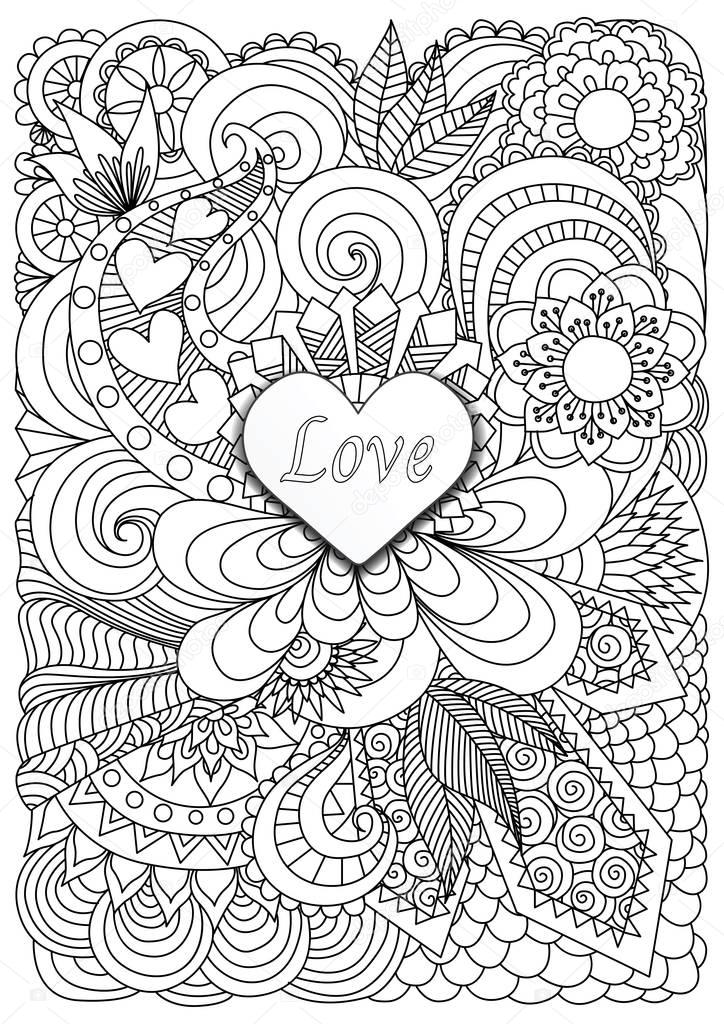 Heart shape the word LOVE on floral background for adult coloring book page and valentines card
