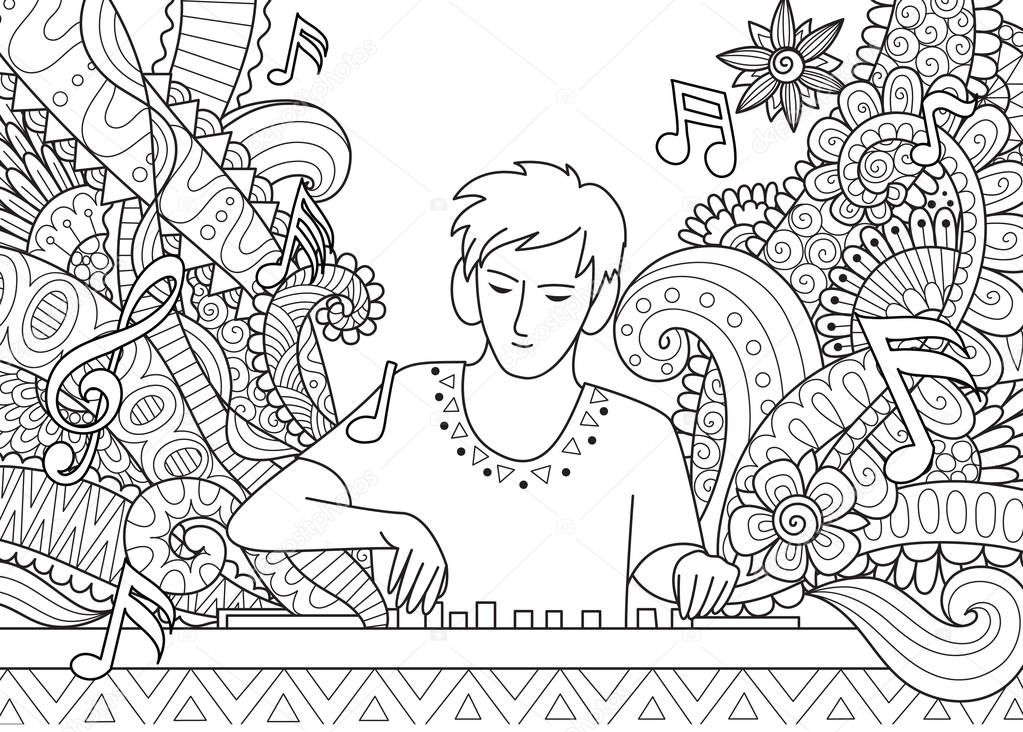 DJ playing music in music festival for adult coloring book page. Stock Vector
