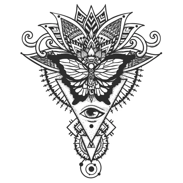 Mariposa sobre hojas étnicas y todos los ojos que ven, masones y símbolos espirituales para tatuajes en la espalda, camisetas y otros diseños impresos. Vector de stock — Vector de stock