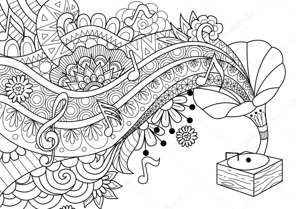 Old bronze Phonograph doodle design for coloring book pageand design element