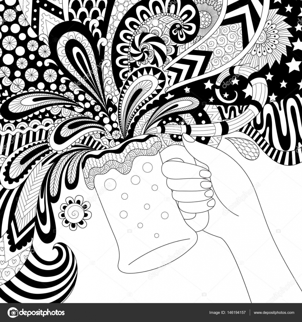 Zendoodle disegno della mano che tiene il vetro di birra per adulti da colorare e altro elemento grafico Vettoriali Stock — Vettoriali di