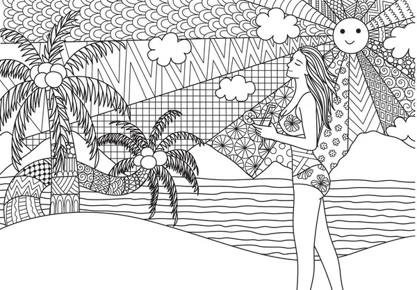 Дизайн сексуальної дівчини, що йде на пляжі з хвилястим морем і кокосовими деревами для дорослих сторінки книг-розмальовок Стокова ілюстрація — стоковий вектор