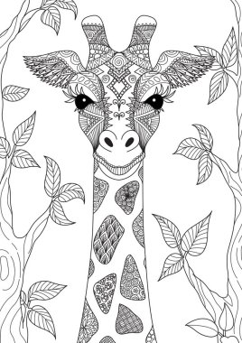Orman boyama kitabı sayfası ve diğer tasarım öğesi yetişkin için kafasından zürafa Zendoodle tasarımı. Hisse senedi vektör