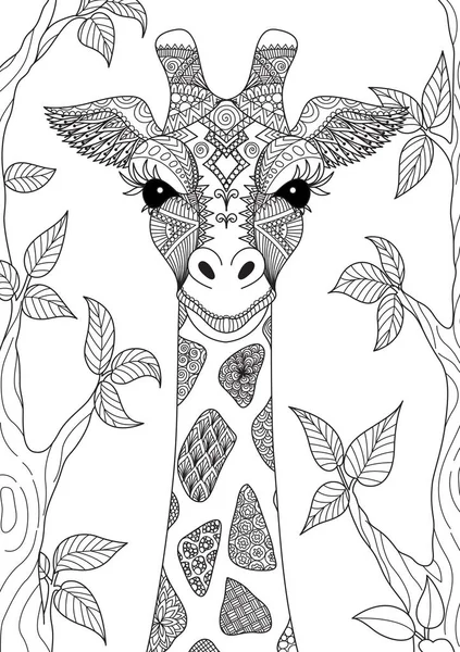 Zendoodle diseño de cabeza de jirafa en el bosque para colorear página del libro para adultos y otro elemento de diseño. Vector de stock — Vector de stock