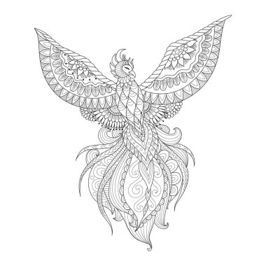 Zendoodle tasarım dövme, t gömlek tasarım, boyama kitabı sayfası ve diğer tasarım öğesi yetişkin için phoenix kuş. Hisse senedi vektör