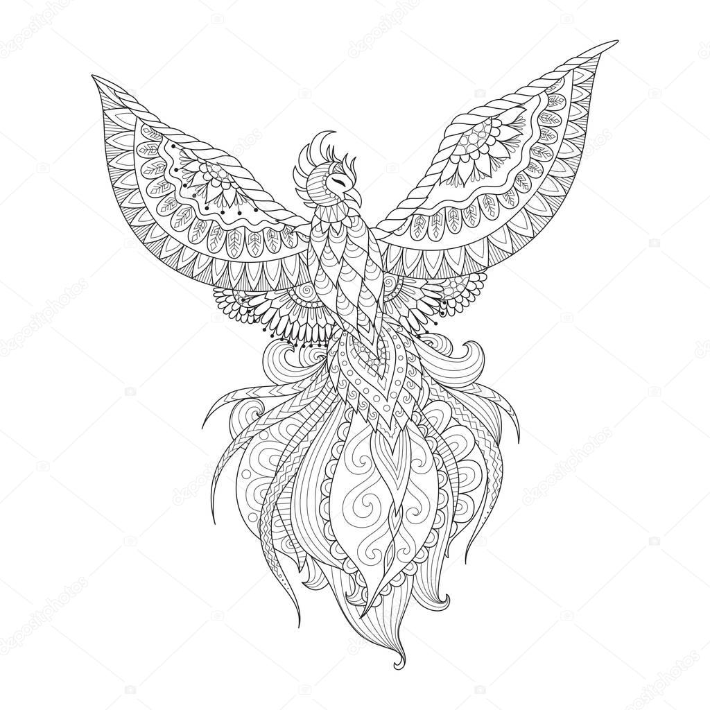 Zendoodle design of phoenix bird for tattoo, t shirt design, adult coloring book page and other design element. Stock Vector