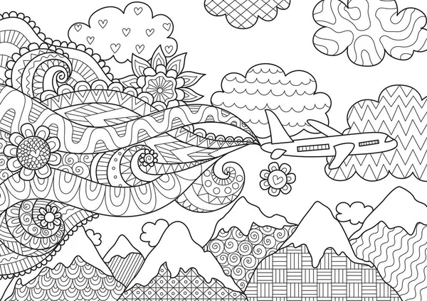 Zendoodle design of airplane flying over mountains for design element, adult and kids coloring book pages. Stock Vector — Stock Vector