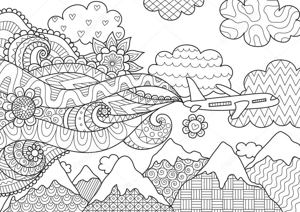 Zendoodle design of airplane flying over mountains for design element, adult and kids coloring book pages. Stock Vector