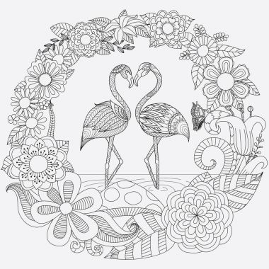 İki flamingolar tasarımını Zendoodle kalp şeklinde çiçek orman içine başlarını viraj