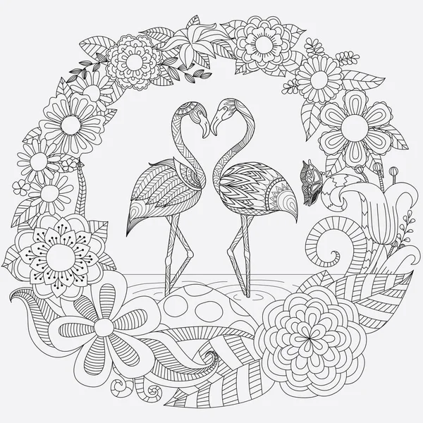 Zendoodle diseño de dos flamencos doblar la cabeza en forma de corazón en la selva floral — Vector de stock