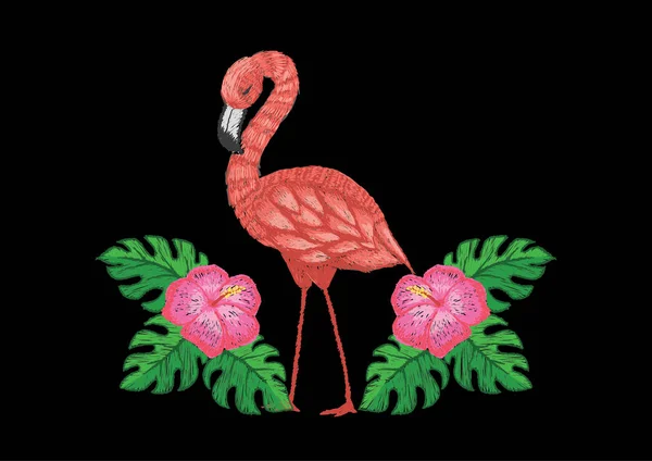 Flamingo com flores tropicais e folha — Vetor de Stock