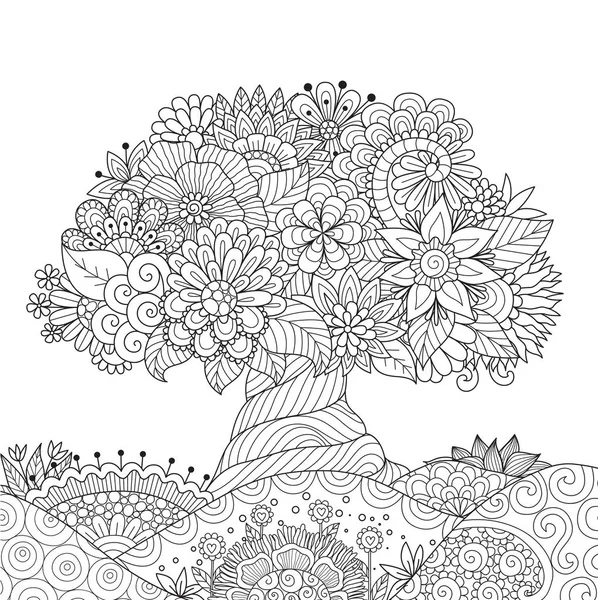 Hermoso árbol abstracto en el suelo floral para el elemento de diseño y páginas de libros para colorear para adultos . — Vector de stock