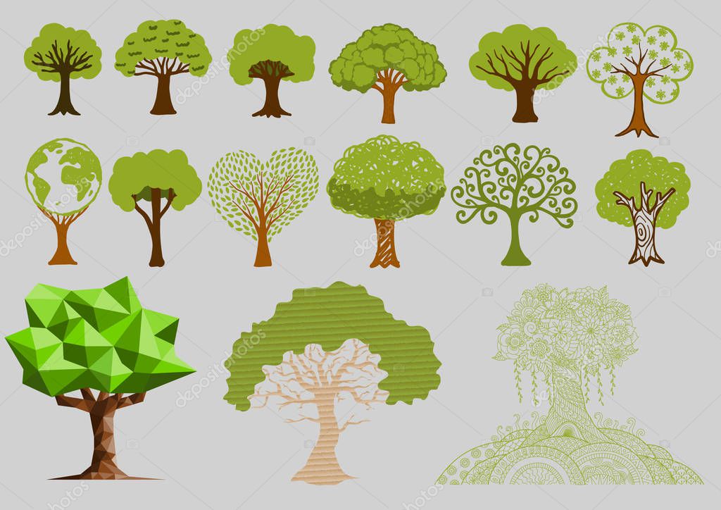 Big set of tree icons for design element, ecological concept. 22 March international earth day. Stock Vector