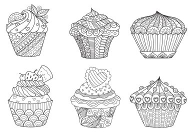 Altı zendoodle cupcakes tasarım öğesi ve yetişkin ya da çocuk kitabı sayfası için anti stres boyama için. Vektör çizim