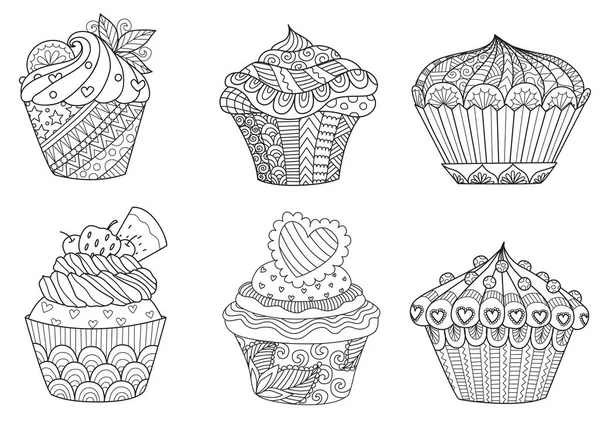 Six zendoodle cupcakes for design element and adult or kids coloring book page for anti stress.Vector illustration — Stock Vector