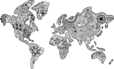 Abstract floral world map zendoodle design for t shirt design, design element, printed design and adult coloring book page. Vector illustration clipart