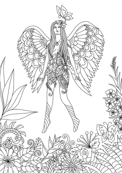 Hermosa chica de hadas volando y jugando con la mariposa en la selva maravillosa, diseño para adultos y niños para colorear página del libro. Ilustración vectorial — Vector de stock