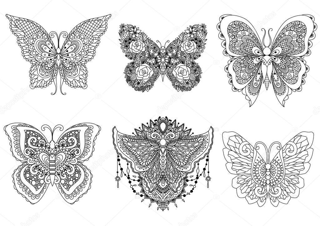 A set of beautiful unique butterflies for design element and adult or kids coloring book page. Vector illustration