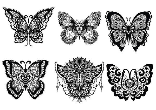 Έξι όμορφες μοναδικές πεταλούδες για στοιχείο σχεδίασης όπως αυτοκόλλητο, τατουάζ, t shirt design και ενήλικος χρωματισμός σελίδα του βιβλίου. Εικονογράφηση διάνυσμα — Διανυσματικό Αρχείο