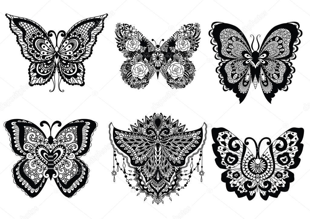 Six beautiful unique butterflies for design element like sticker, tattoo, t shirt design and adult coloring book page. Vector illustration