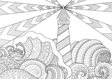 Deniz manzarası hat sanat tasarım kitap için yetişkin renklendirme için vektör anti stres boyama - stok