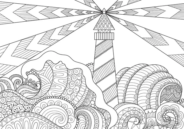 Seascape line art design för målarbok för vuxen, anti stress färg - lager vektor — Stock vektor