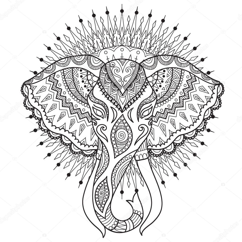 Beautiful abstract elephant head on mandala circle design for t shirt design, pront on product, adult or kids coloring book page. Vector illustration