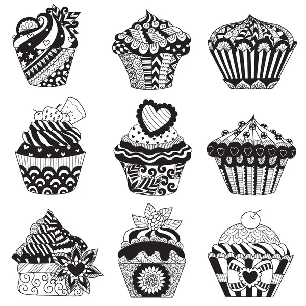 Conjunto de cupcakes zendoodle para elemento de design, fundo e outro elemento de design . —  Vetores de Stock