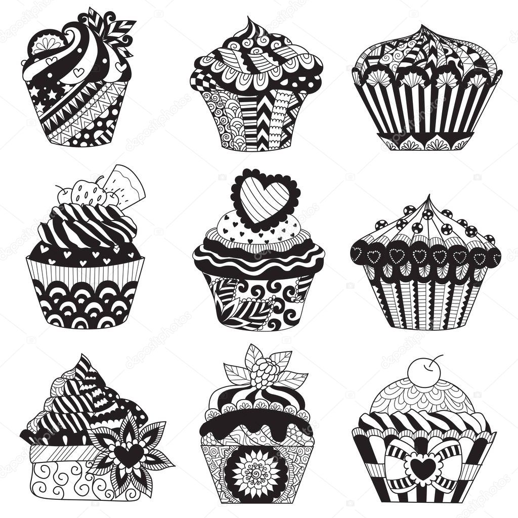 Set of zendoodle cupcakes for design element,background and other design element.