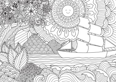 Deniz manzarası yetişkin ya da çocuk kitabı sayfa boyama için hat sanat tasarımı. Vektör çizim.