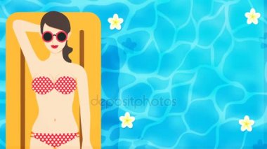 seksi kızı giyen bikini Yüzme Havuzu zemin üzerine sarı şişme üzerinde döşeme 2D animasyon.