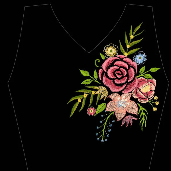 Stickerei bunte Blumen wie einschließlich Rose, Gänseblümchen schöne vintage Hals line.vector symmetrische traditionelle Volksblumen Ornament auf schwarzem Hintergrund für das Design — Stockvektor