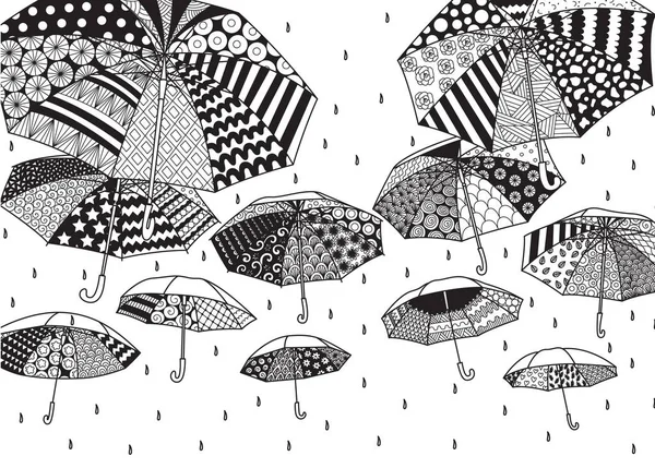 Zendoodle design of flying umbrellas for illustration,design element and adult coloring book page. Vector illustration — Stock Vector