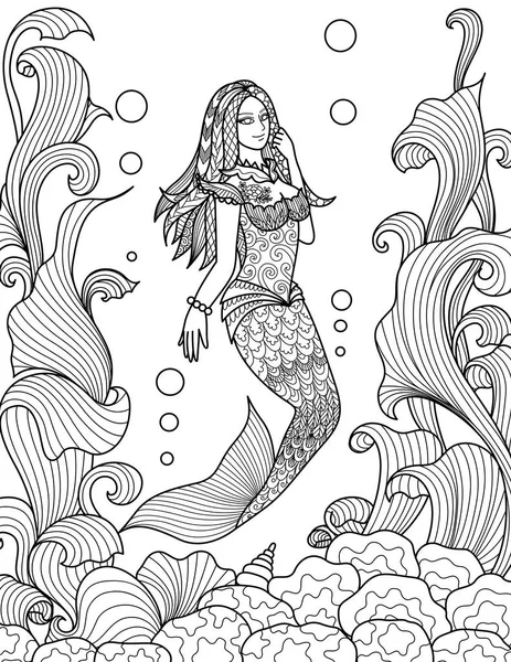 Schöne Meerjungfrau schwimmen unter dem Meer für Erwachsene Malbuch Seiten. Vektorillustration — Stockvektor