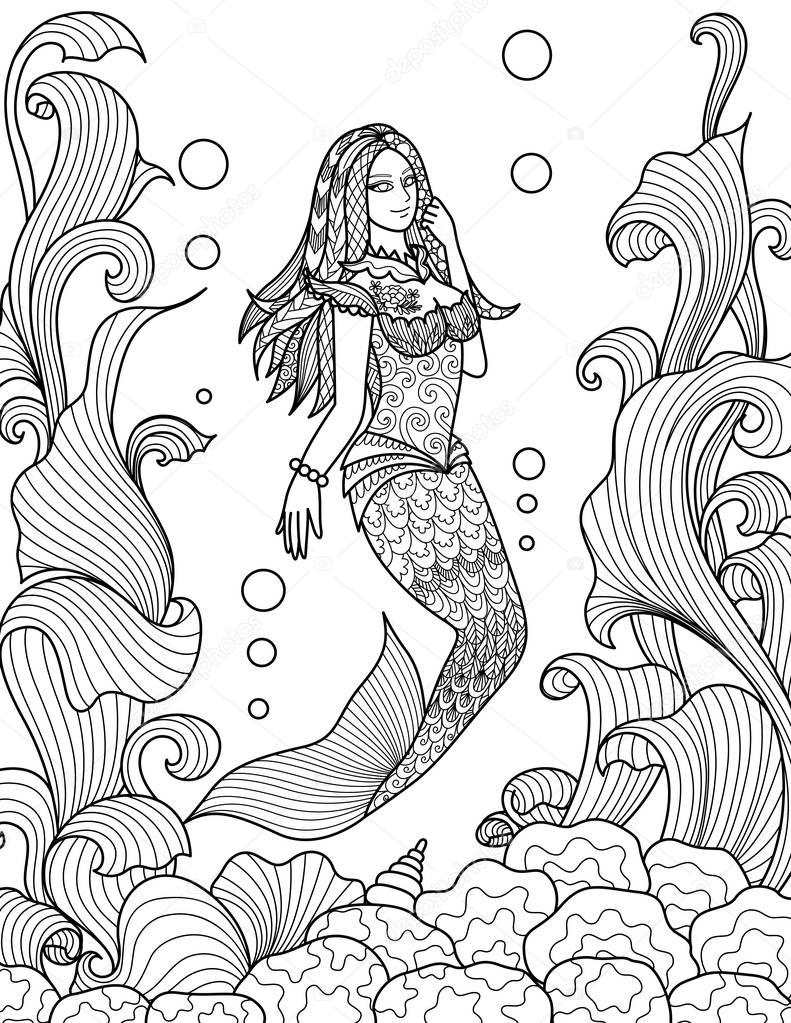 Beautiful mermaid swimming under the sea for adult coloring book pages. Vector illustration