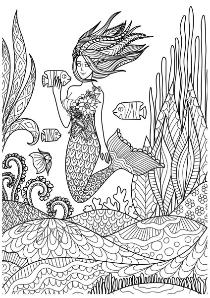 Русалочка, купающаяся в море за страницами книг для взрослых раскрасок. Векторная иллюстрация — стоковый вектор