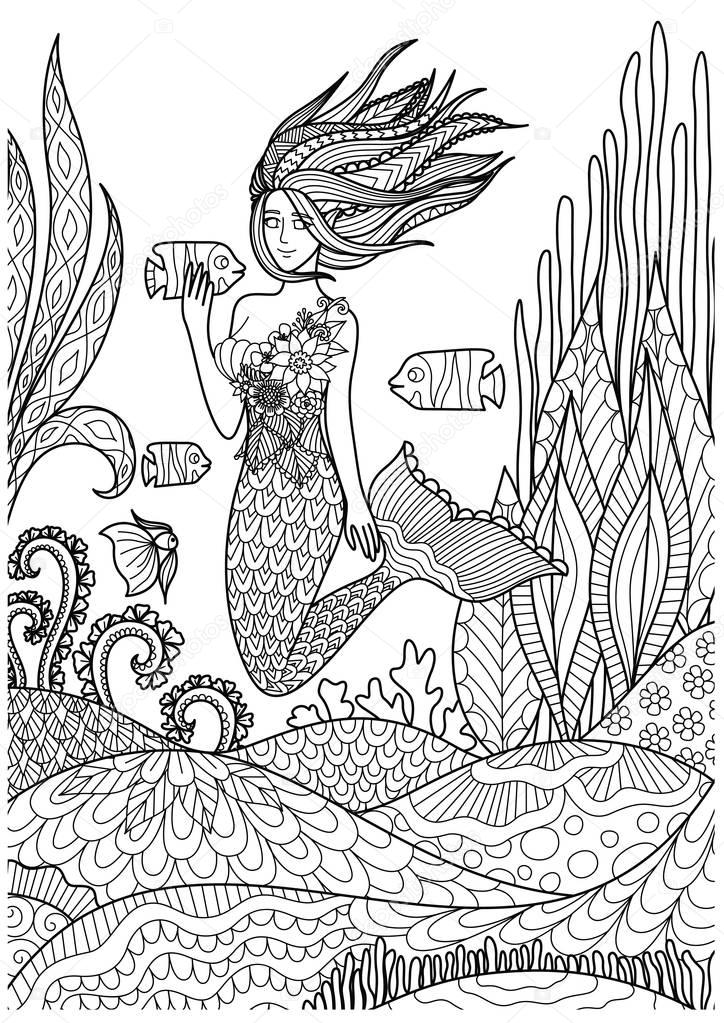Beautiful mermaid swimming under the sea for adult coloring book pages. Vector illustration