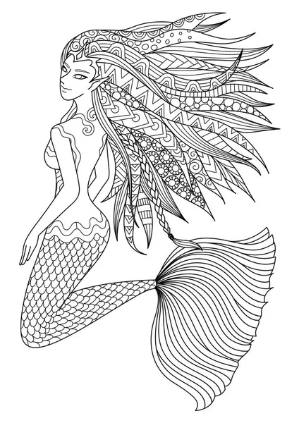 Schöne Meerjungfrau schwimmen im Meer Design für Erwachsene Malbuch Seite. Vektorillustration — Stockvektor