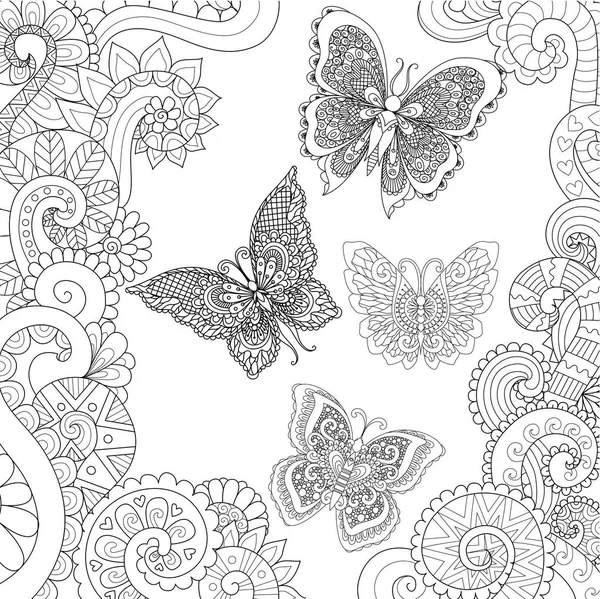 Beaux papillons volant dans la conception de jungle florale pour les pages de livres à colorier pour adultes. Illustration vectorielle — Image vectorielle