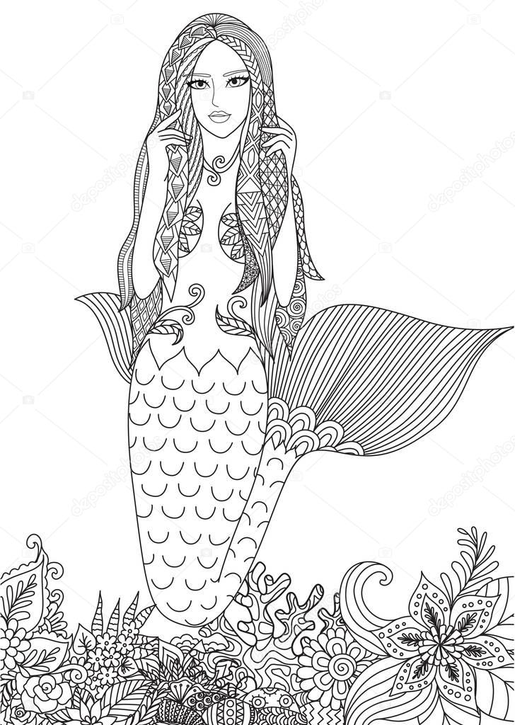 Beautiful mermaid swimming among amazing corals for adult coloring book page. Vector illustration