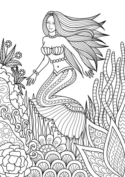 Bastante sirena nadando entre el hermoso diseño de coral para adultos para colorear página del libro. Ilustración vectorial — Archivo Imágenes Vectoriales