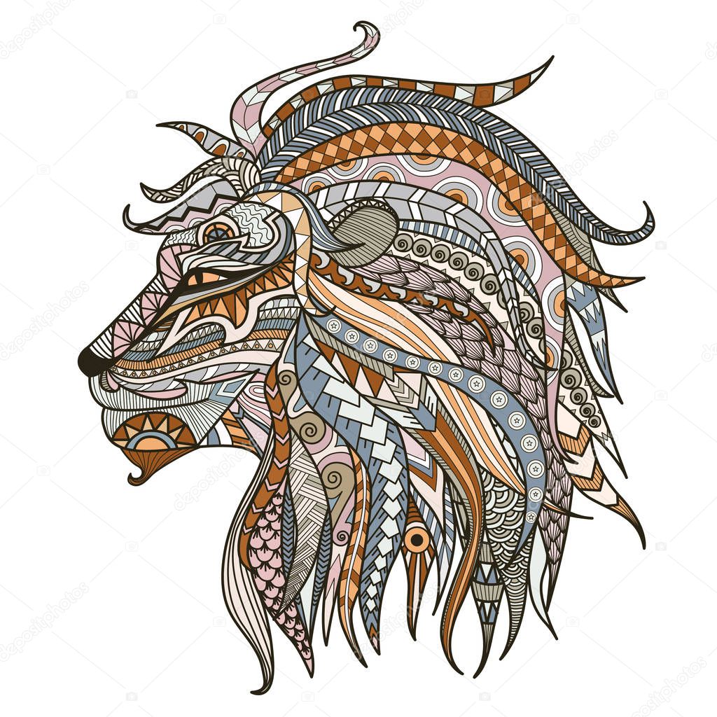 Patterned head of lion head on the white background. African,boho,indian,totem,tattoo design. Can be used for design of a t-shirt, tote bag, postcard,mug,poster and so on. Vector illustration