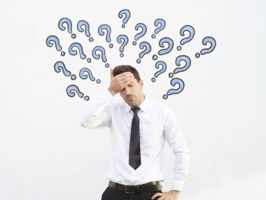 Business man have an headache due to some problems. Stock image  clipart
