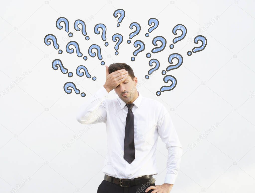 Business man have an headache due to some problems. Stock image 